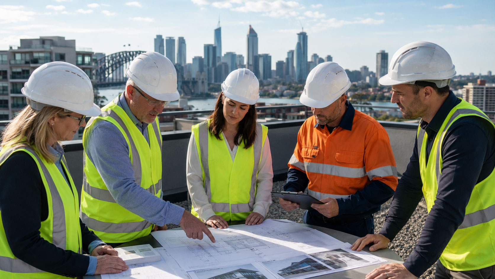 Commercial roofing team reviewing building plans on a Sydney rooftop