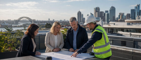 Strata committee members reviewing roofing plans with a contractor in Sydney