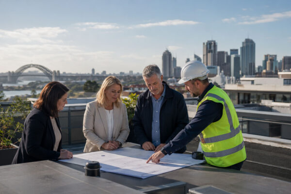 Strata committee members reviewing roofing plans with a contractor in Sydney