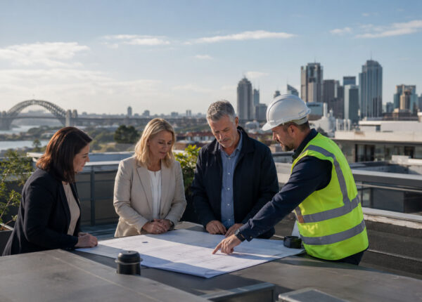 Strata committee members reviewing roofing plans with a contractor in Sydney