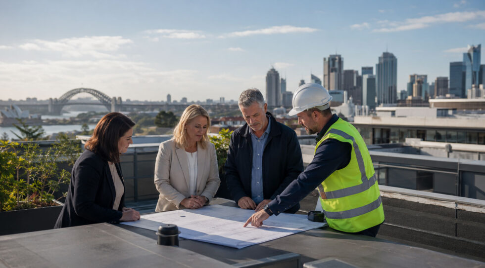 Strata committee members reviewing roofing plans with a contractor in Sydney