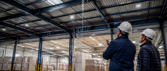 Roofing contractors inspecting a warehouse roof leak from inside the building