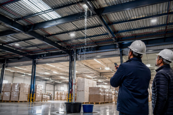 Roofing contractors inspecting a warehouse roof leak from inside the building
