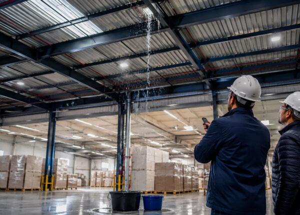 Roofing contractors inspecting a warehouse roof leak from inside the building
