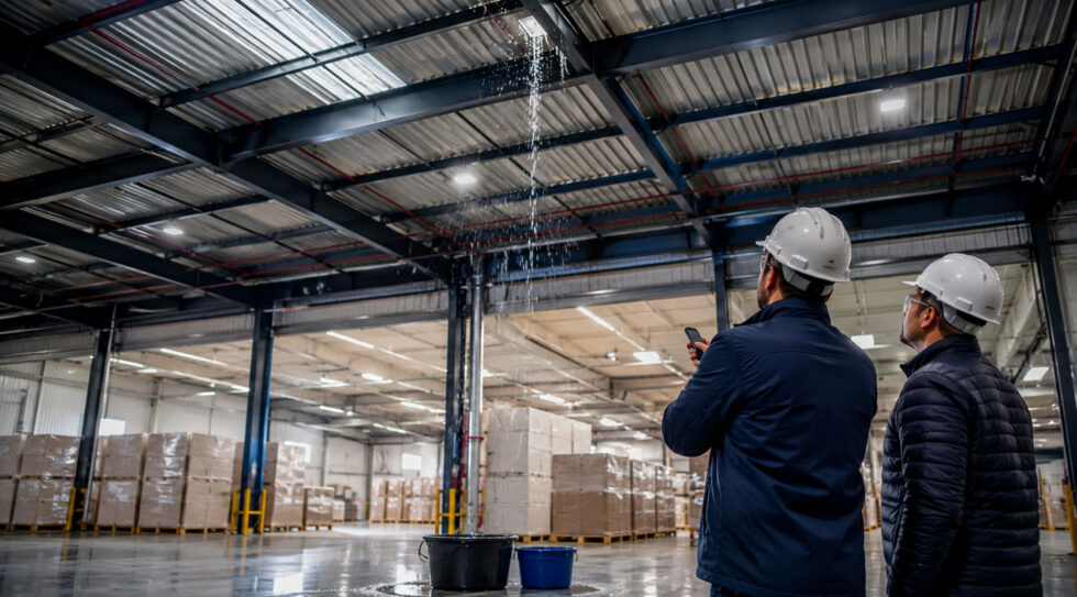 Roofing contractors inspecting a warehouse roof leak from inside the building