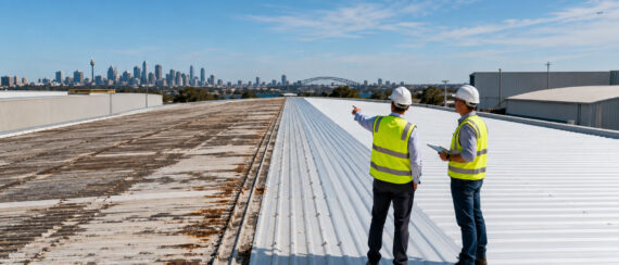 Commercial roofing contractors comparing deteriorated and renewed metal roof sections