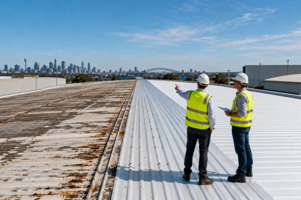 Commercial roofing contractors comparing deteriorated and renewed metal roof sections
