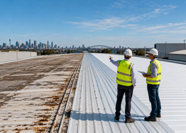 Commercial roofing contractors comparing deteriorated and renewed metal roof sections