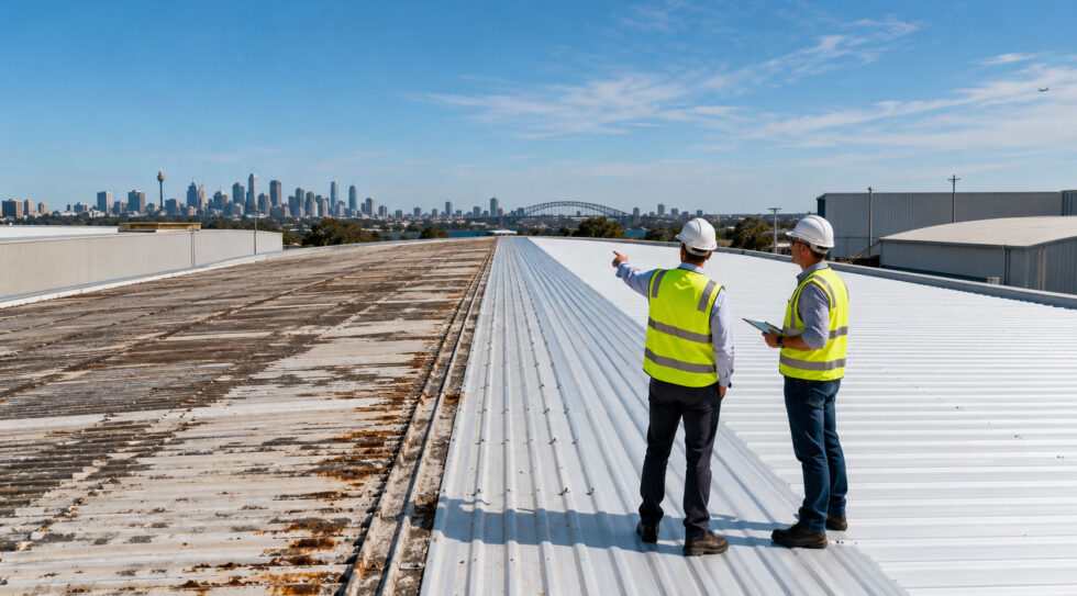 Commercial roofing contractors comparing deteriorated and renewed metal roof sections