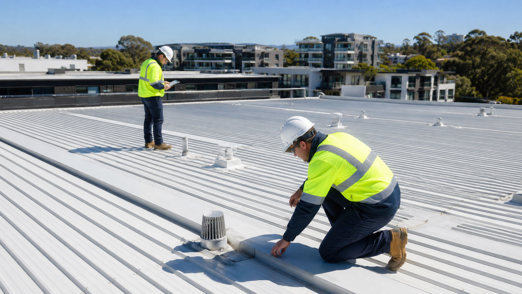 Roofing contractors inspecting flashings and penetrations on a commercial metal roof