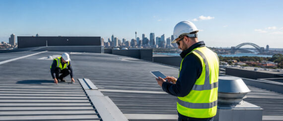 Commercial roofing team inspecting a metal roof with the Sydney skyline behind them