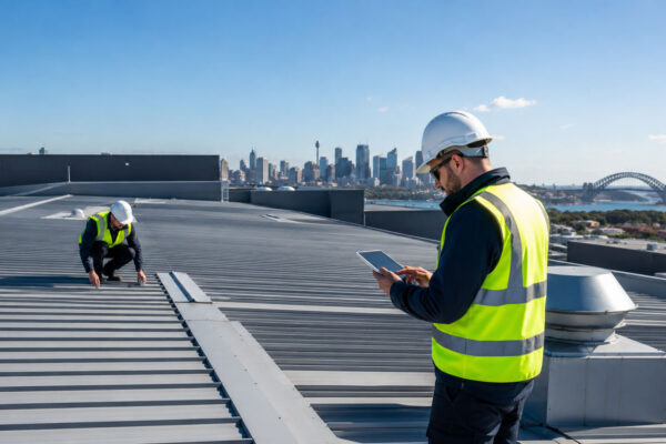 Commercial roofing team inspecting a metal roof with the Sydney skyline behind them