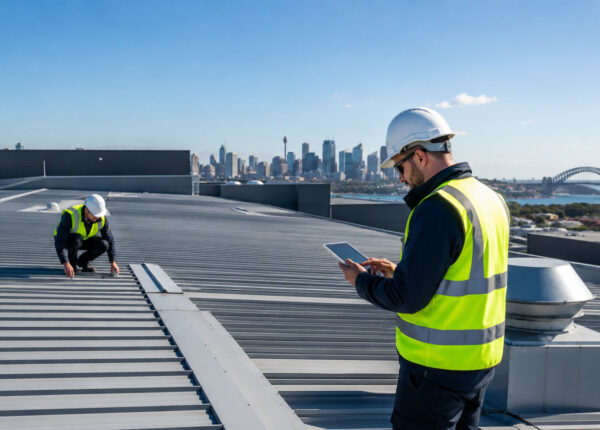 Commercial roofing team inspecting a metal roof with the Sydney skyline behind them