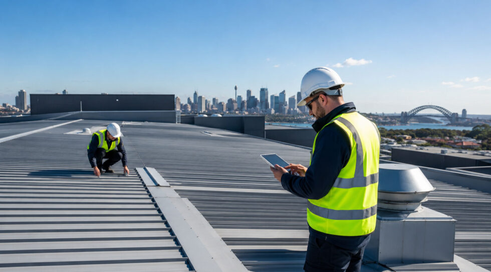 Commercial roofing team inspecting a metal roof with the Sydney skyline behind them