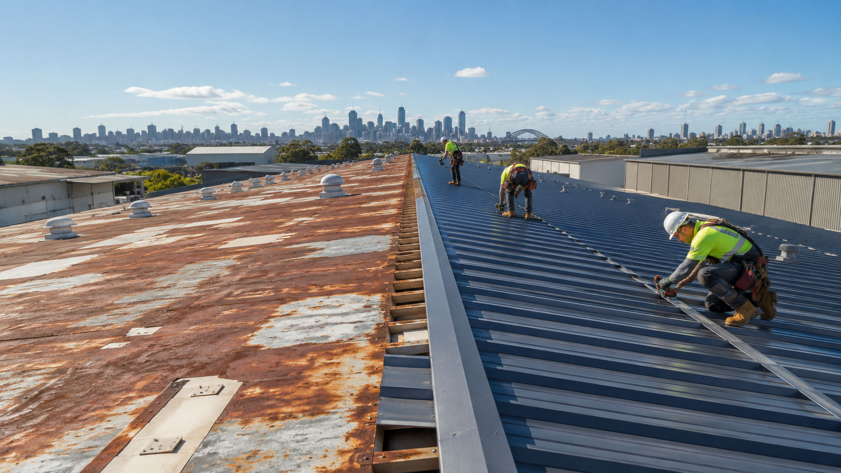 Roofers installing new metal roofing beside a deteriorated commercial roof in Sydney