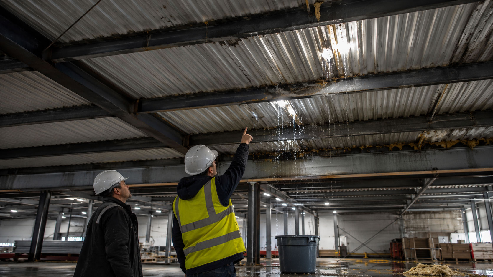 Contractors tracing water entry through a warehouse metal roof