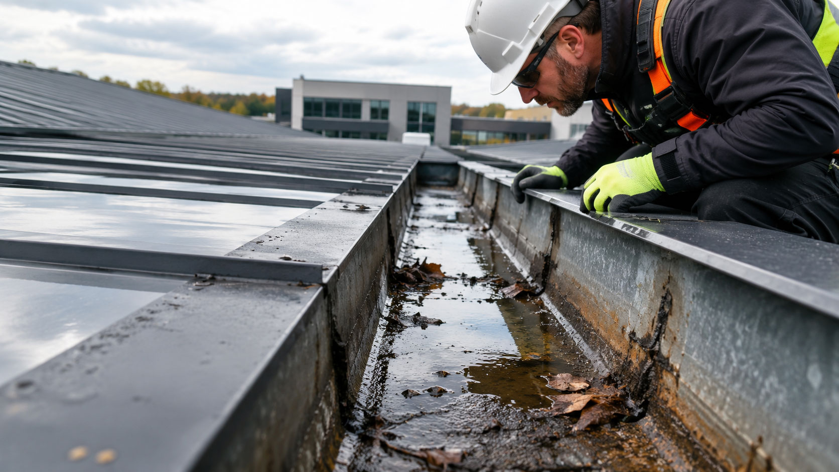 Roofing contractor inspecting a commercial box gutter with standing water and debris