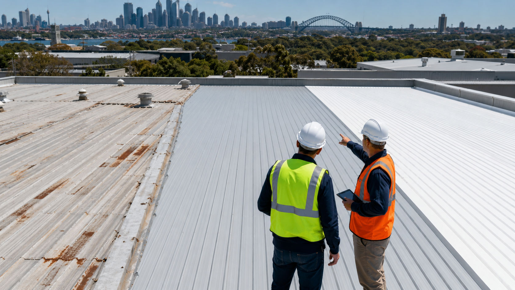 Commercial roofing contractors assessing old and renewed metal roofing in Sydney