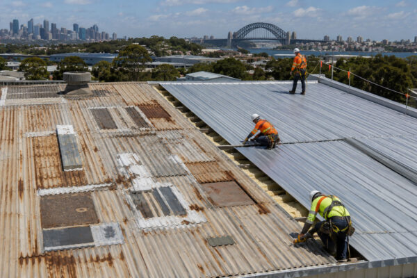 Roofers replacing deteriorated metal roof sheets on a Sydney commercial building