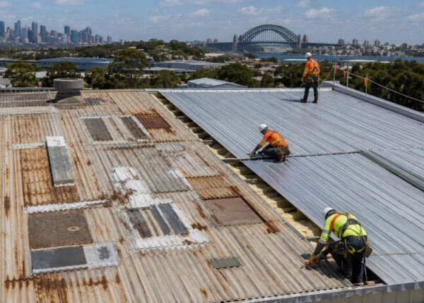 Roofers replacing deteriorated metal roof sheets on a Sydney commercial building