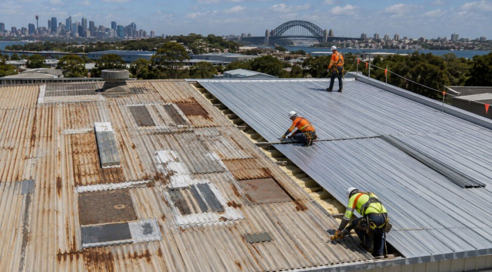 Roofers replacing deteriorated metal roof sheets on a Sydney commercial building